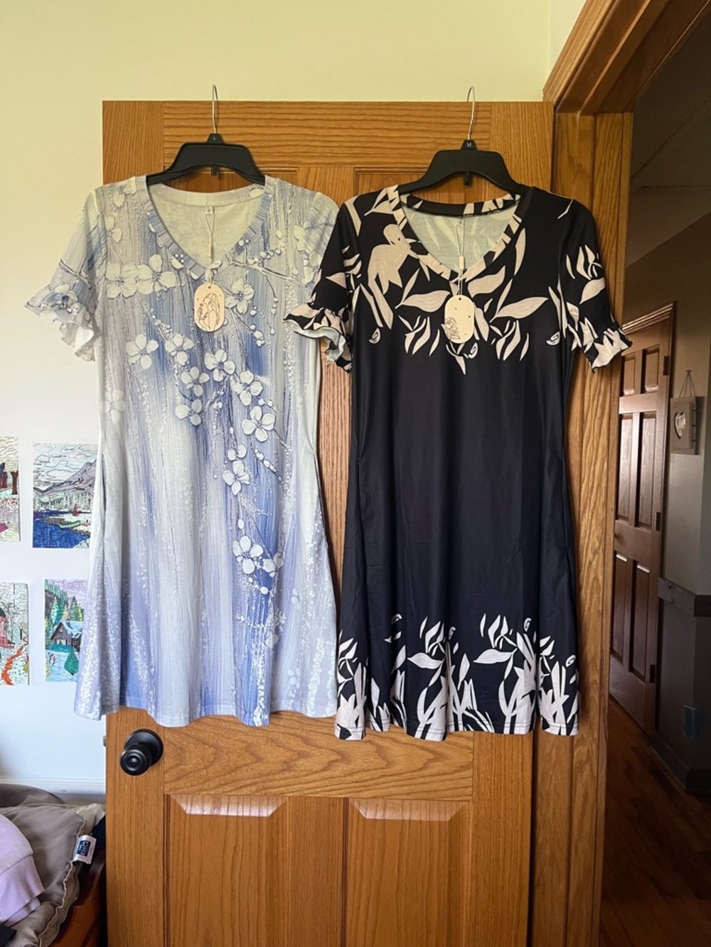 Floral A-Line Short Sleeve Dresses — Light Blue & Black